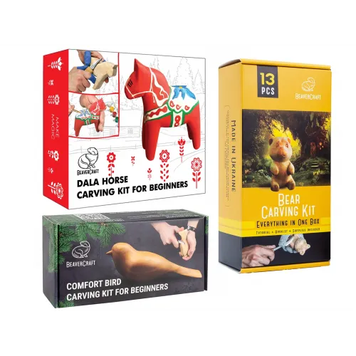 BeaverCraft Animal Friends Set - Dala Horse, Comfort Bird and Bear Carving Kit