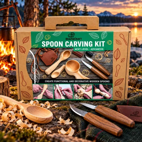 BeaverCraft Limited Edition Advanced Spoon Carving Kit Gift Box - Knives, Blanks Leather Carving Bid In One Gift Presentation Box