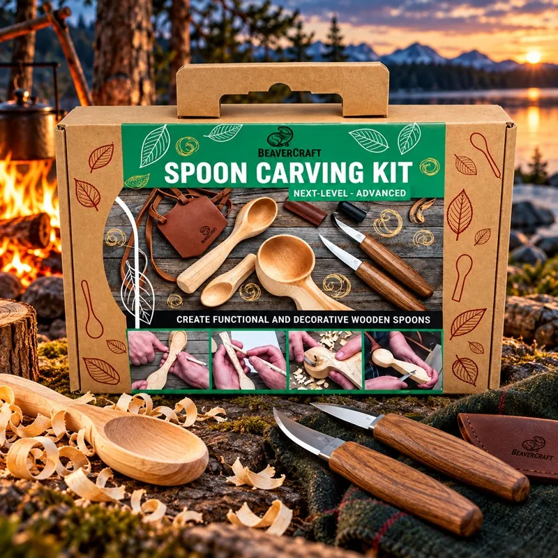 BeaverCraft Limited Edition Advanced Spoon Carving Kit Gift Box - Knives, Blanks Leather Carving Bid In One Gift Presentation Box Cyclaire Knives and Tools