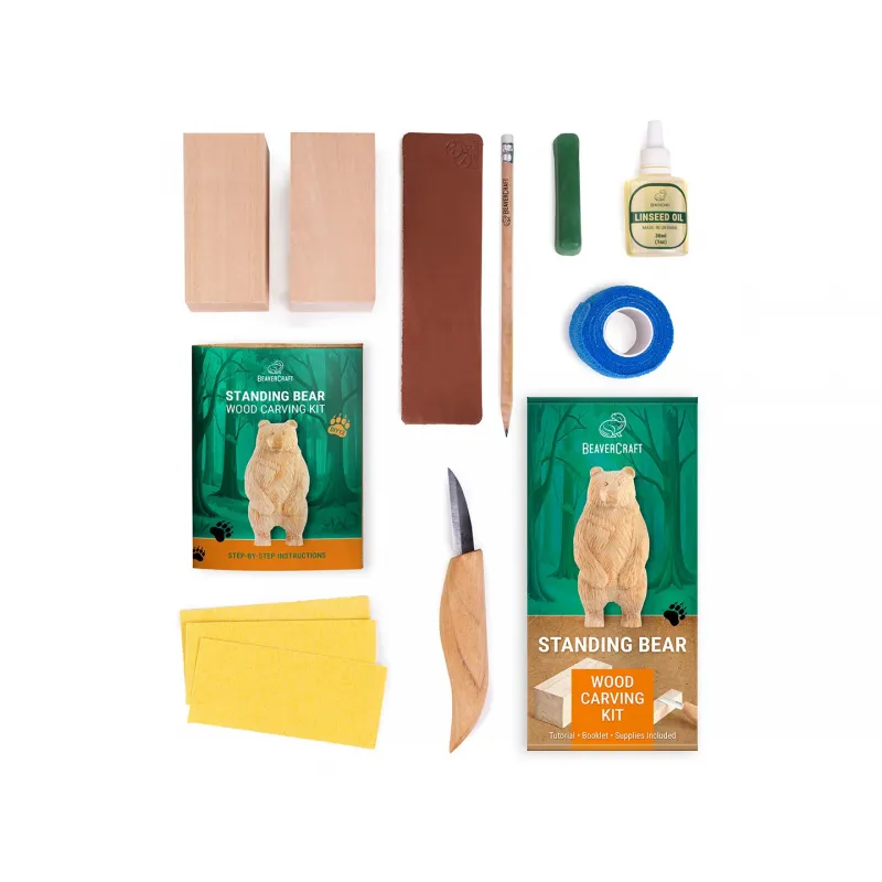 BeaverCraft DIY12 Standing Bear Wood Carving Kit – Complete Whittling Set with Pre-Cut Basswood Blank Detail Knife Wood Carving Tools Cyclaire Knives and Tools