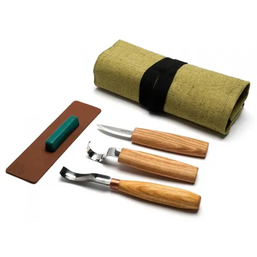 BeaverCraft S38L Left Handed Spoon Carving Wood Carving Kit with 3 Knives Tool Roll Strop and Compound
