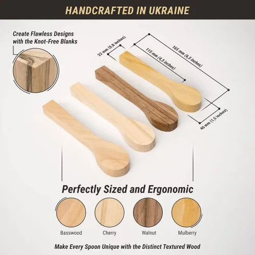 BeaverCraft Pack of 4 Wood Carving Spoon Blanks - Basswood, Cherry, Mulberry, Walnut