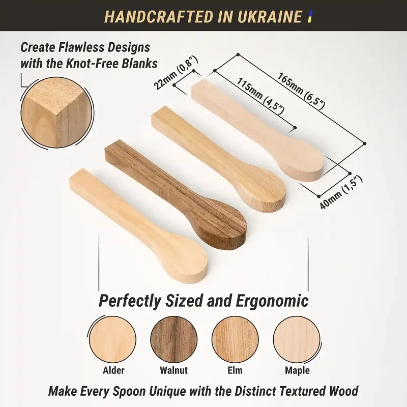 BeaverCraft Pack of 4 Wood Carving Spoon Blanks - Alder, Walnut, Elm, Maple Cyclaire Knives and Tools
